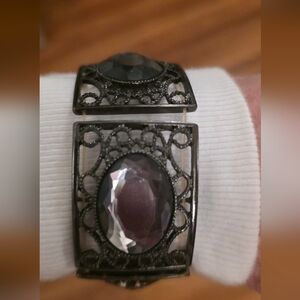 Dramatic Gothic Statement Cuff – Intricate Filigree & Faceted Stone